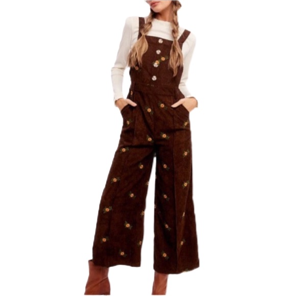 Cider Pants & Jumpsuits Dainty Floral Corduroy Wide Leg Overalls